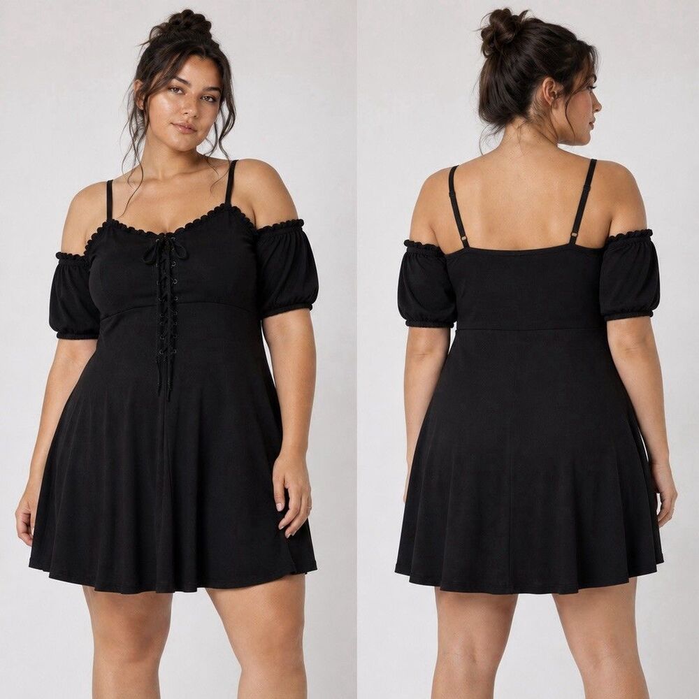 Hot Topic Black Lace Up Dress 2X Pockets Off Shoulder Puff Sleeve Plus Size Goth